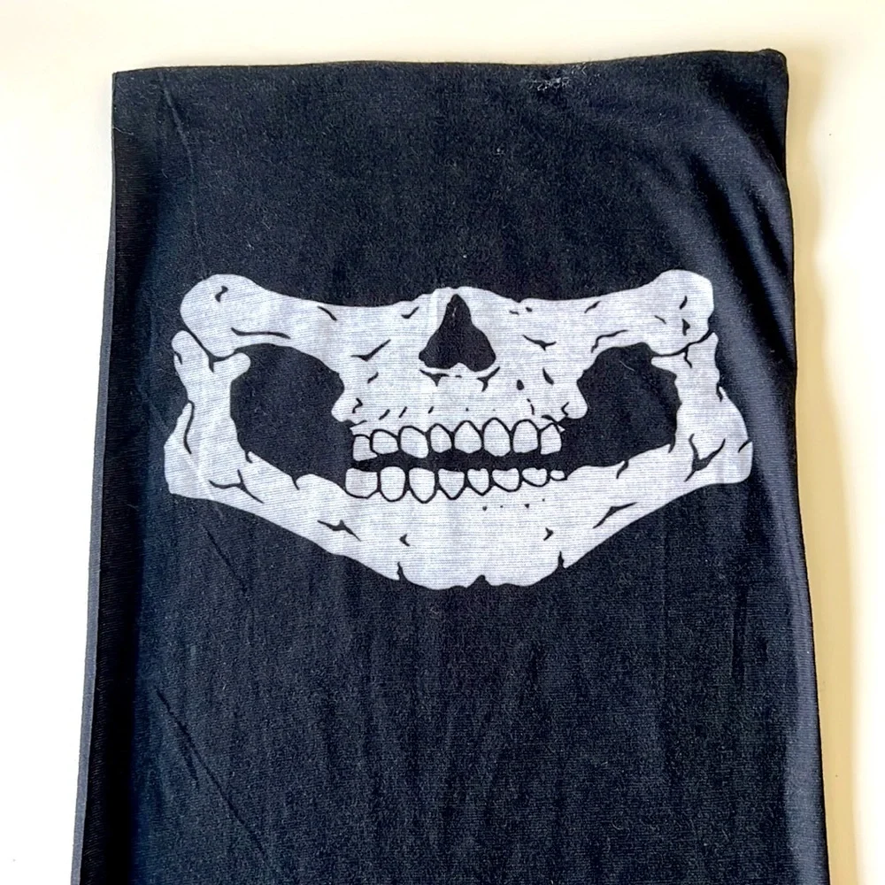 NWOT Black Motorcycle Wind collar headgear, White skull bones mouth, 18”x 17”